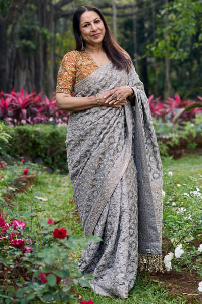 Silver and rust embroidered tissue sari set