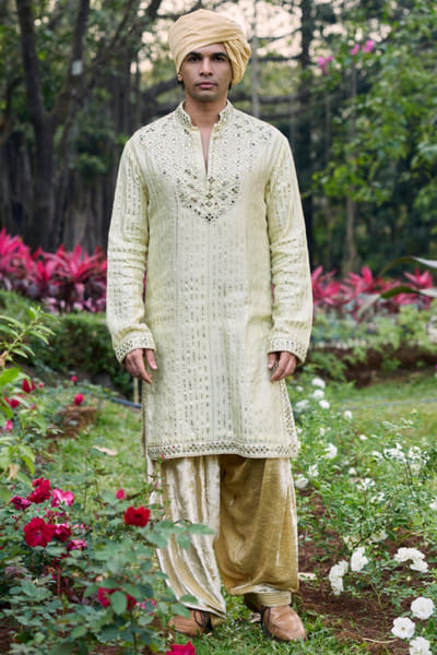 Beige mirror embroidered kurta set