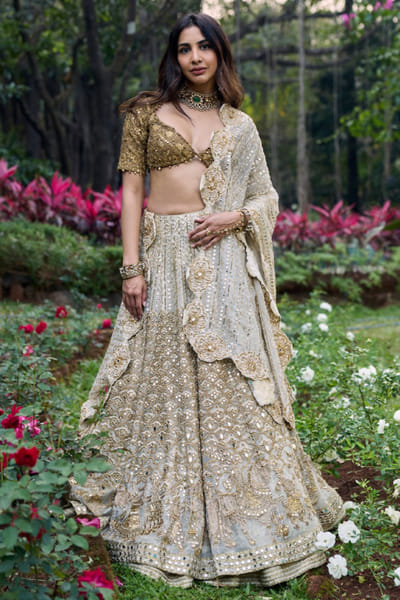 Ivory and brown embroidered lehenga set