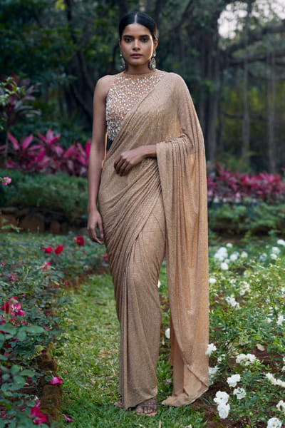 Gold crystal encrusted draped sari set