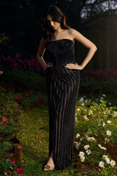 Black and gold crystal embellished gown
