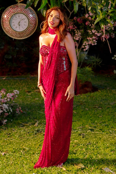 Red embellished pre-draped sari set