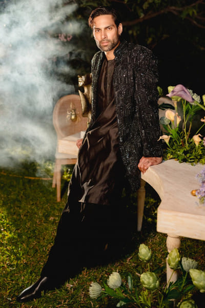Black embroidered jacket kurta set