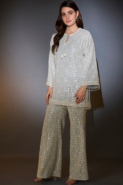Blue sequin embroidered tunic set