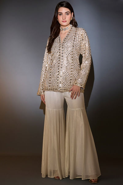 Cream zari embroidered top and gharara set