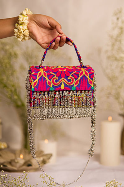 Multicolour floral-ghungroo tasselled handbag