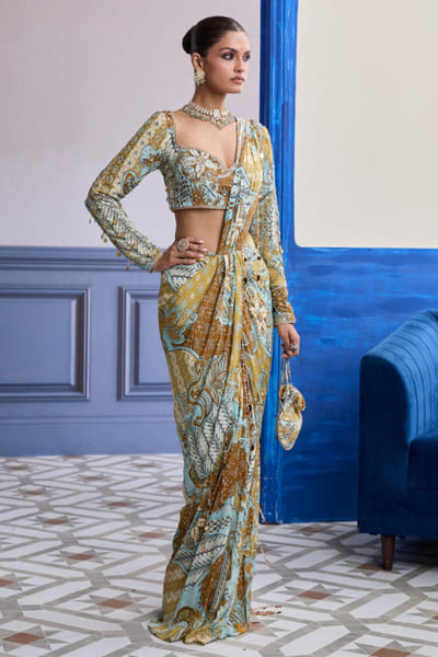DiyaRajvvir Yellow floral printed draped dhoti-sari set DIYAAUG26D252001
