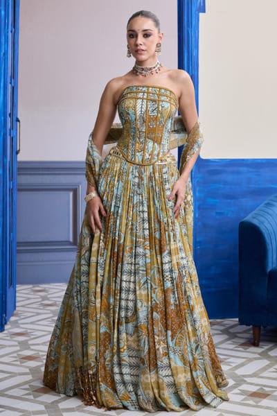 DiyaRajvvir Yellow floral printed lehenga set DIYAAUG26D151294