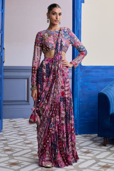 DiyaRajvvir Fuchsia pink floral print drape skirt-sari set DIYAAUG26D252009