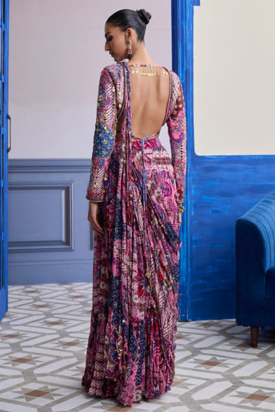 DiyaRajvvir Fuchsia pink floral print drape skirt-sari set DIYAAUG26D252009