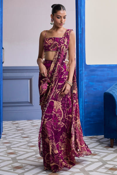 DiyaRajvvir Magenta floral printed drape sharara-sari set DIYAAUG26D252013