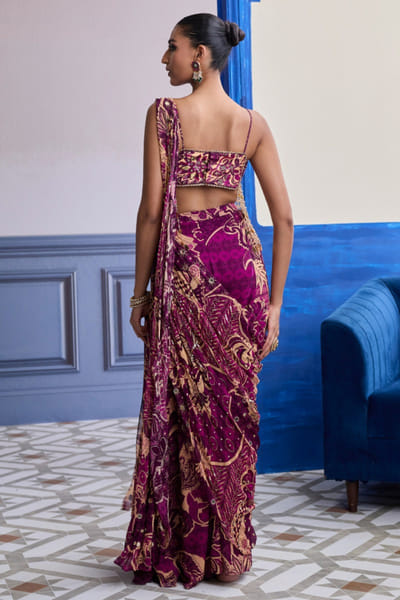 DiyaRajvvir Magenta floral printed drape sharara-sari set DIYAAUG26D252013