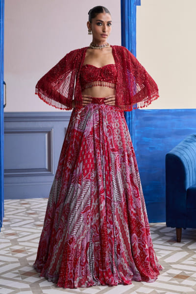 DiyaRajvvir Red print embroidered cape-skirt set DIYAAUG26D252022