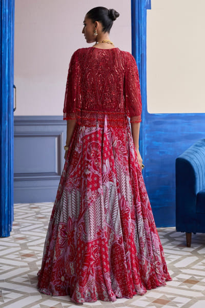 DiyaRajvvir Red print embroidered cape-skirt set DIYAAUG26D252022