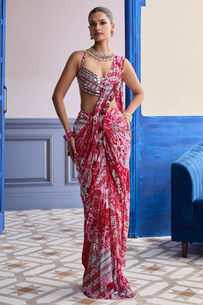 DiyaRajvvir Red print embroidered draped dhoti-sari set DIYAAUG26D252020