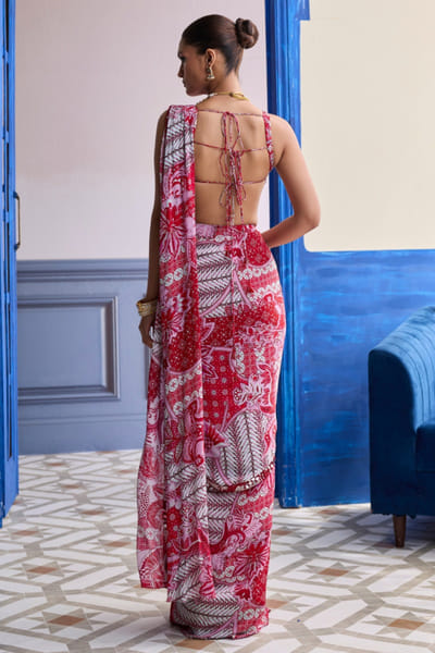 DiyaRajvvir Red print embroidered draped dhoti-sari set DIYAAUG26D252020
