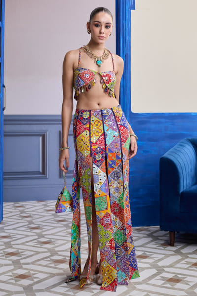 DiyaRajvvir Multicolour mosaic printed skirt set DIYAAUG26D151274