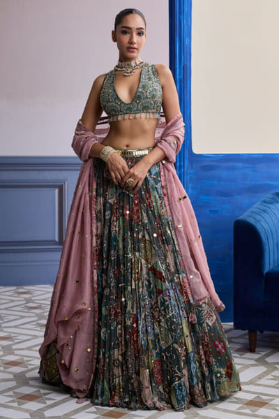 DiyaRajvvir Forest green printed lehenga set DIYAAUG26D151292