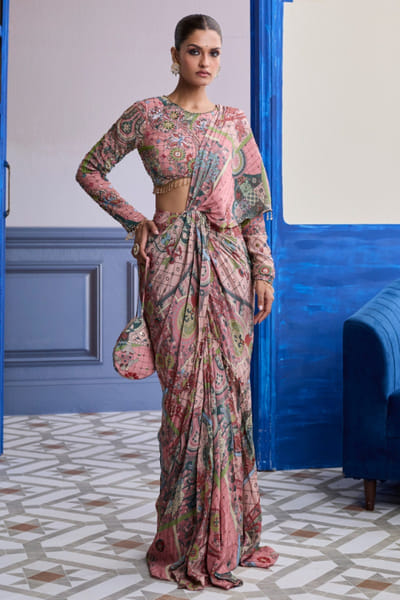 DiyaRajvvir Dusk pink printed and draped dhoti-sari set DIYAAUG26D252004
