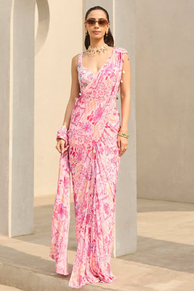 Pink abstract printed sari set