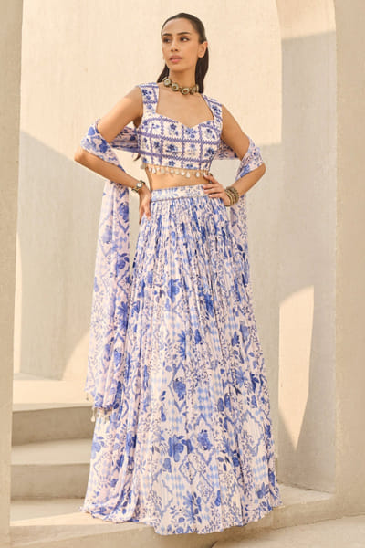 Ivory and blue floral printed lehenga set