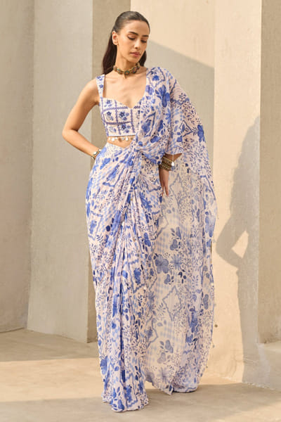Ivory and blue printed pre-draped sari set