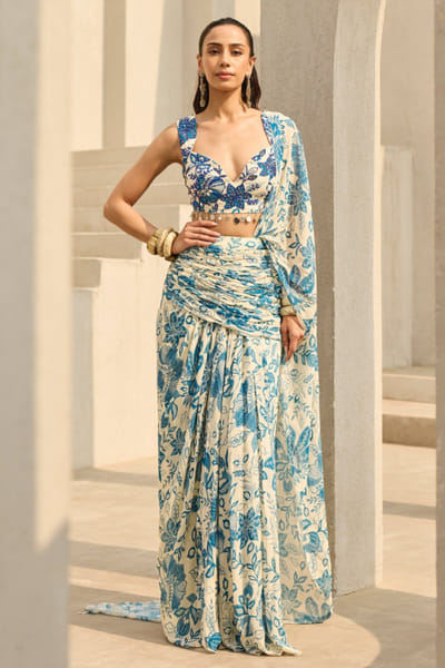 Ivory pre-draped sari set