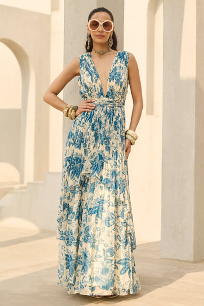 Ivory and blue floral printed dress