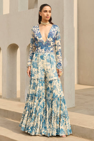 Ivory and blue floral printed jumpsuit