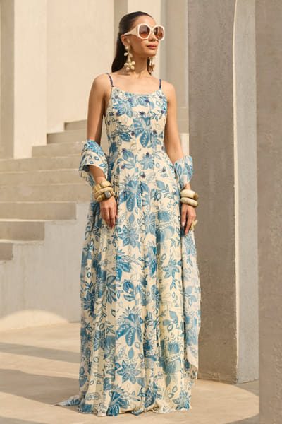 Ivory floral printed dress and dupatta