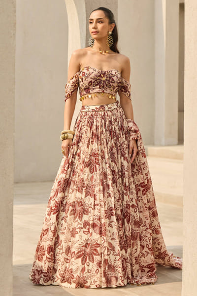 Ivory and maroon printed lehenga set