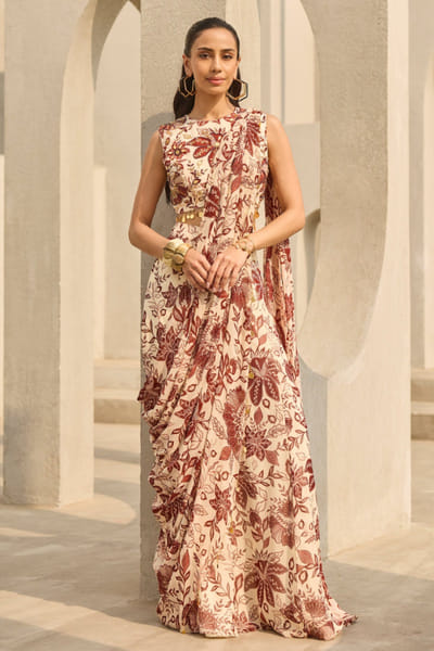 Ivory floral printed sharara sari set