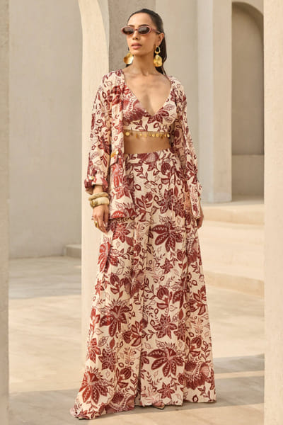 Ivory floral printed jacket set