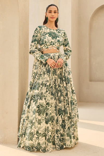 Ivory and green floral printed lehenga set