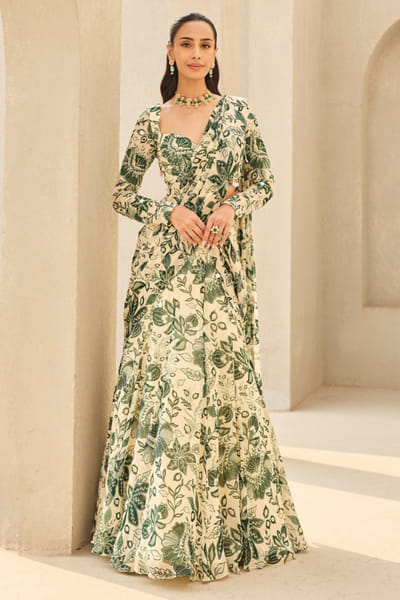 Ivory and green printed pre-draped sari set