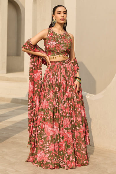 Sage green floral printed lehenga set