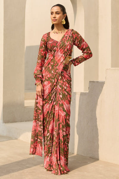 Green floral pre-draped sari set