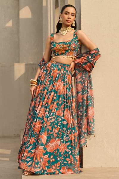 Teal floral printed lehenga set