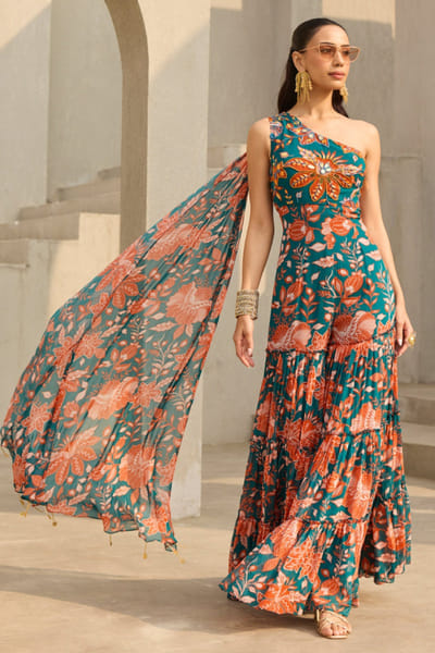 Teal floral printed jumpsuit