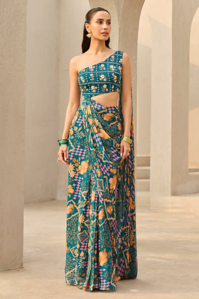 Teal printed pre-draped sari set