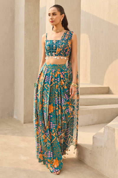 Teal abstract printed skirt set