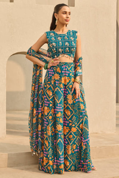 DiyaRajvvir Teal abstract printed sharara set DIYJAN26D136475