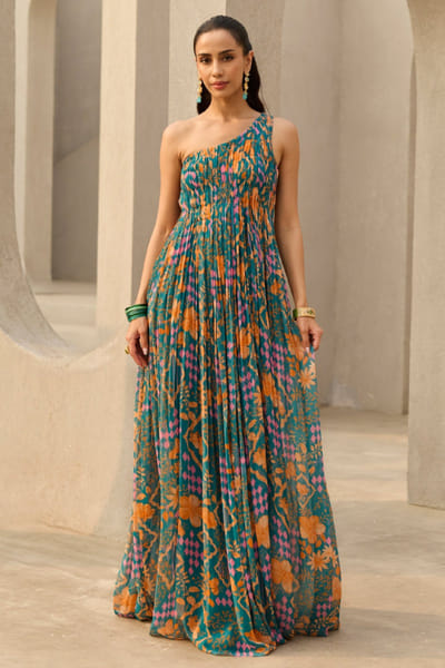 Teal abstract floral printed dress