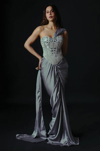 DiyaRajvvir Gunmetal embroidered pre-draped sari set DIYFEB26D139798
