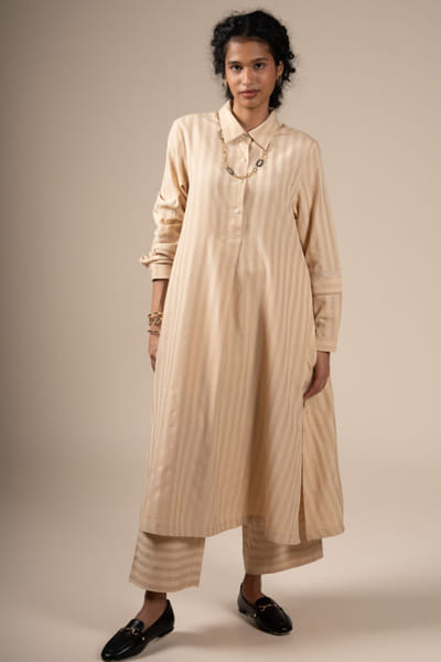 Subtle Shuttle Studio Beige striped silk modal pants SUBTJUN26D146444