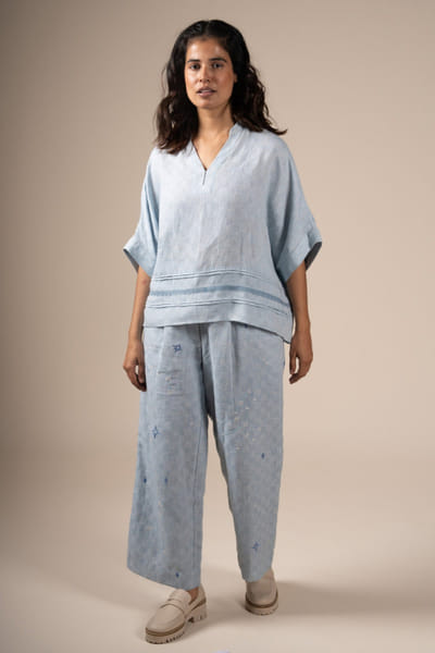 Subtle Shuttle Studio Chambray blue hand embroidered woven trousers SUBTAUG26D151459