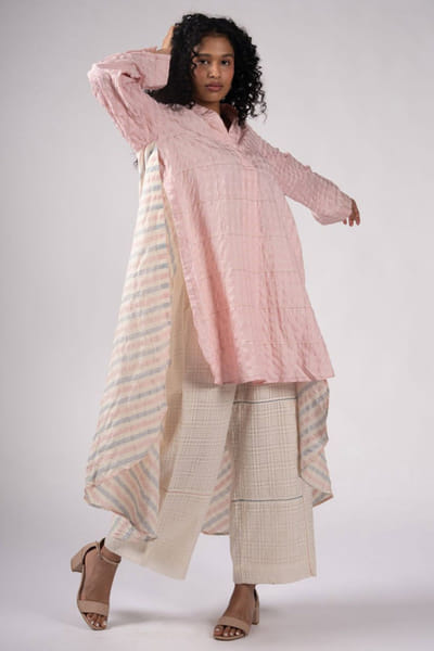 Subtle Shuttle Studio White checkered print lace embroidered pants SUBAPR26D141722