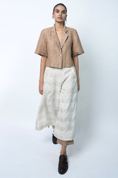Black plaid woven layered linen trousers