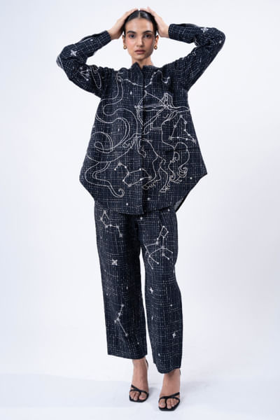 Black embroidered linen trousers