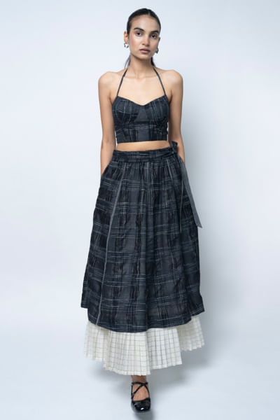 Black tie-dye plaid layered skirt